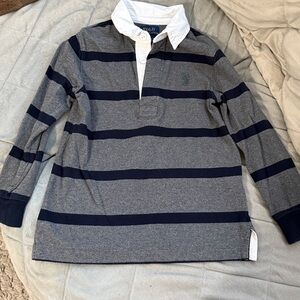 Navy and Gray Striped Long Sleeve Polo Shirt
